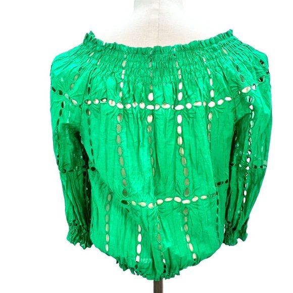 INC Macys Size 4 Green Envy Crinkle Top with Eyelets Off Shoulder - Picture 6 of 11